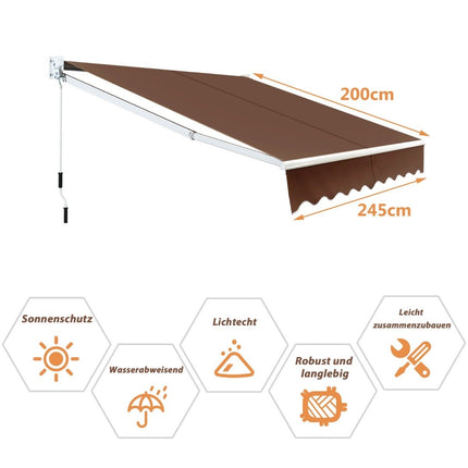 Zatahovací markýza 2,5x2 m, odolná vůči UV a vodě, hnědá