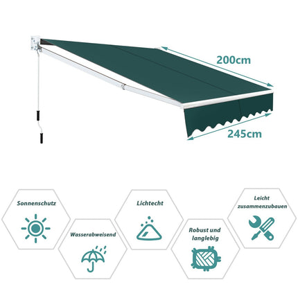 Zatahovací markýza 2,5x2 m, odolná vůči UV a vodě, zelená