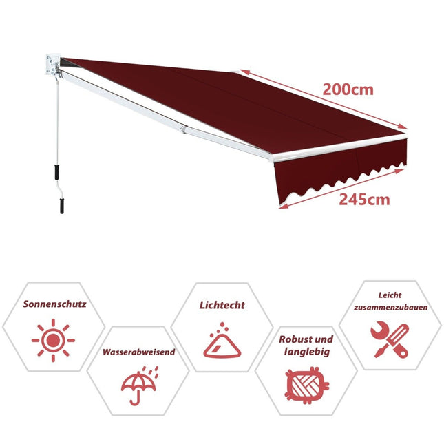 Zatahovací markýza, 2,5x2 m, odolná vůči UV a vodě, červená