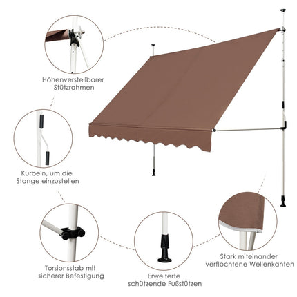 Zatahovací markýza 300 cm, bez vrtání, odolná vůči UV, hnědá