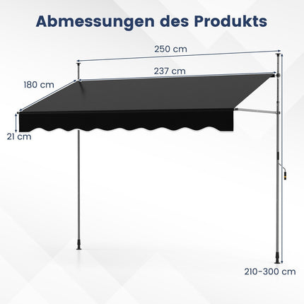 Zatahovací markýza, bez vrtání, nastavitelná výška, 250 cm, černá