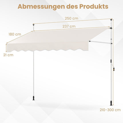 Zatahovací markýza, bez vrtání, nastavitelná výška, 250 cm, bílá