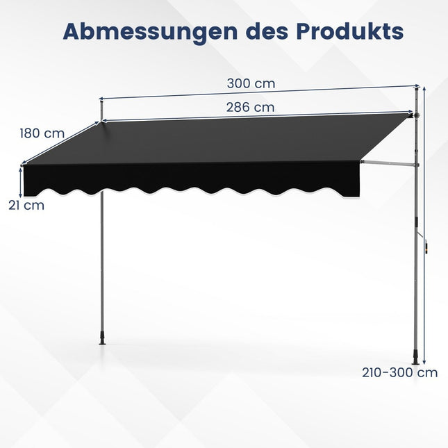 Uitschuifbaar zonnescherm, zonder boren, verstelbare hoogte, 300 cm, zwart
