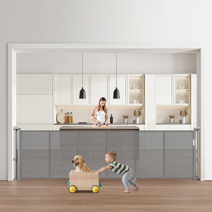 Retractable Baby Gate, 110 in Wide, 34 in Tall, Gray