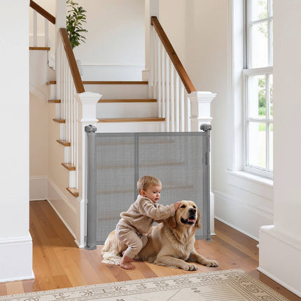 Retractable Baby Gate, 110 in Wide, 34 in Tall, Gray