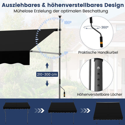 Zatahovací balkonová markýza, bez vrtání, odolná vůči UV, 200 cm, černá