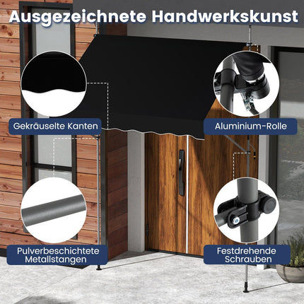 Zatahovací balkonová markýza, bez vrtání, odolná vůči UV, 200 cm, černá