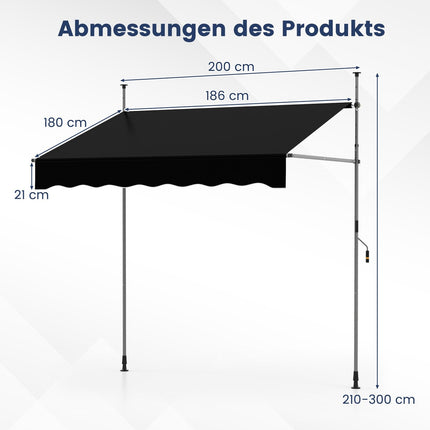 Zatahovací balkonová markýza, bez vrtání, odolná vůči UV, 200 cm, černá