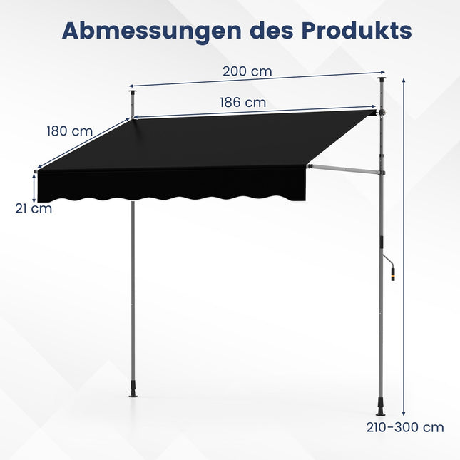 Zatahovací balkonová markýza, bez vrtání, odolná vůči UV, 200 cm, černá