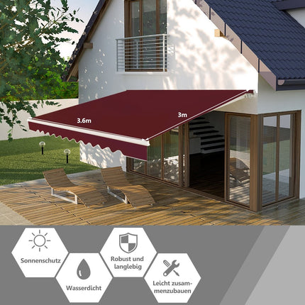 Einziehbare Terrassenmarkise, Aluminium, 3,6 m x 3 m, Weinrot