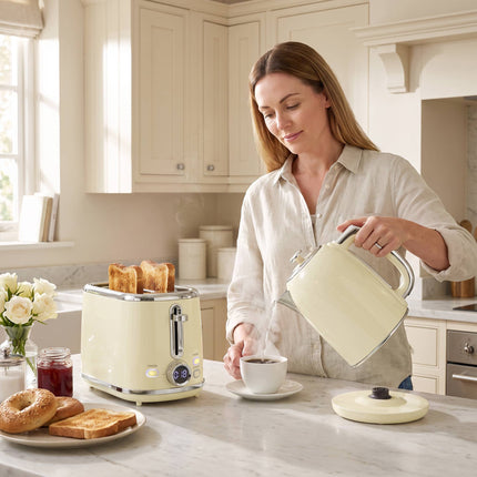 Retro Kettle & Toaster Set with LED Display, Cream