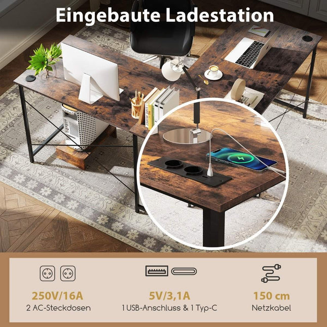 Reversible L-Shaped Desk with Charging Station, Brown
