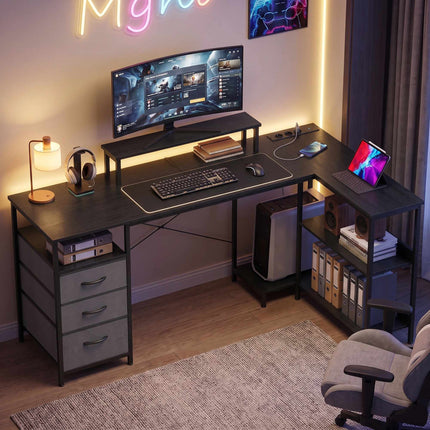 Reversible L-Shaped Desk with Drawers, Black, 170 cm