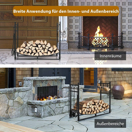 Robustes Brennholzregal &amp; Werkzeugset mit Anzündholzhalter &amp; Schaufel 91x33x76cm schwarz