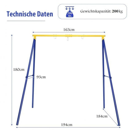 Robust metal swing frame A-frame garden swing frame 194 x 184 x 180 cm blue + yellow