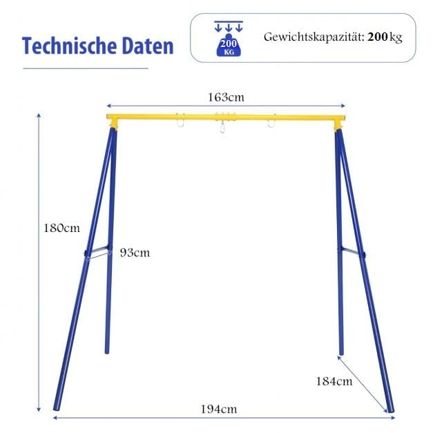 Robustní kovová konstrukce houpačky, tvar A, zahradní houpačková konstrukce 194 x 184 x 180 cm modrá + žlutá
