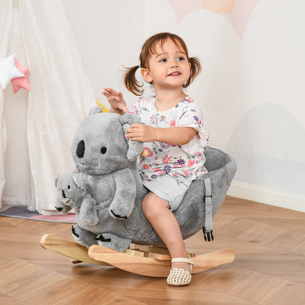 Houpačka koala pro batolata, šedý plyš a dřevo