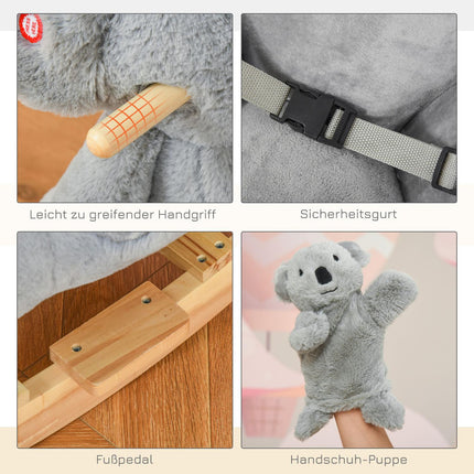 Houpačka koala pro batolata, šedý plyš a dřevo
