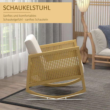 Rocking chair with soft cushions and rattan decor