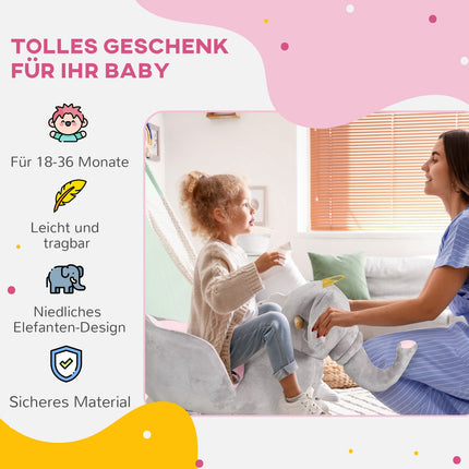 Dřevěný houpací slon – šedá a růžová, od 18 měsíců+