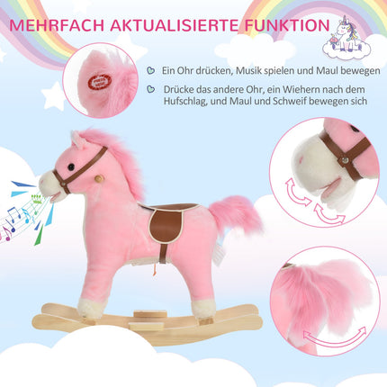 Pink plush rocking horse toy with sound, ages 3-6, 65 cm