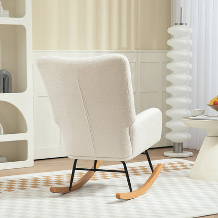 Rocking chair in creamy white velvet with wooden runners