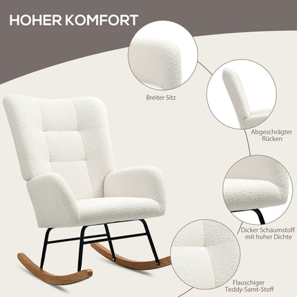 Rocking chair in creamy white velvet with wooden runners