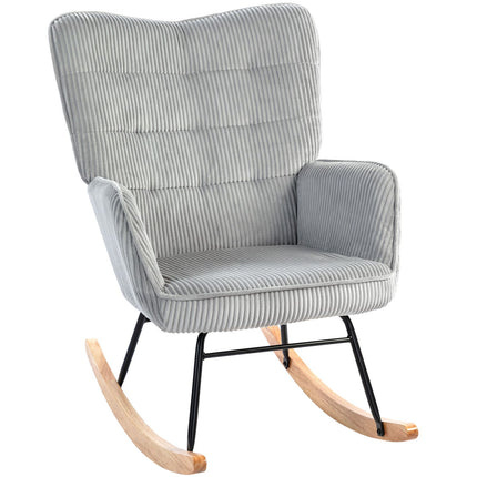 Light gray rocking chair with armrests, wooden runners