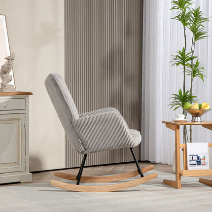 Light gray rocking chair with armrests, wooden runners