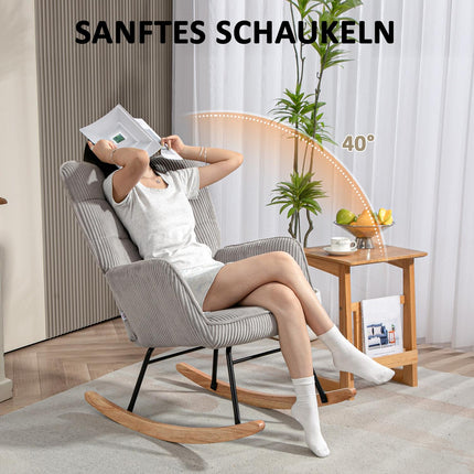 Light gray rocking chair with armrests, wooden runners