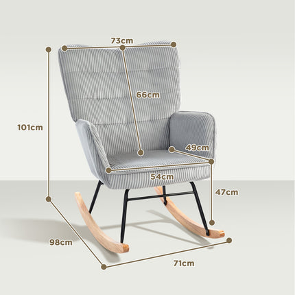 Light gray rocking chair with armrests, wooden runners