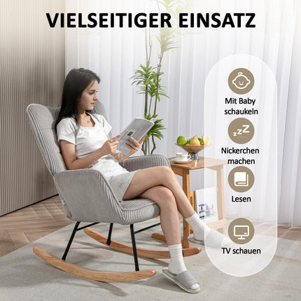 Light gray rocking chair with armrests, wooden runners