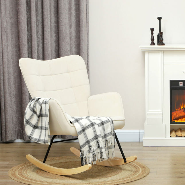 Beige velvet rocking chair with wooden runners