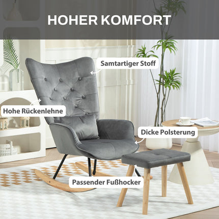 Dark gray velvet rocking chair with stool - subdued relaxation