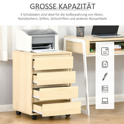 Kancelářská kartotéka s kolečky, 4 zásuvky, přírodní povrch