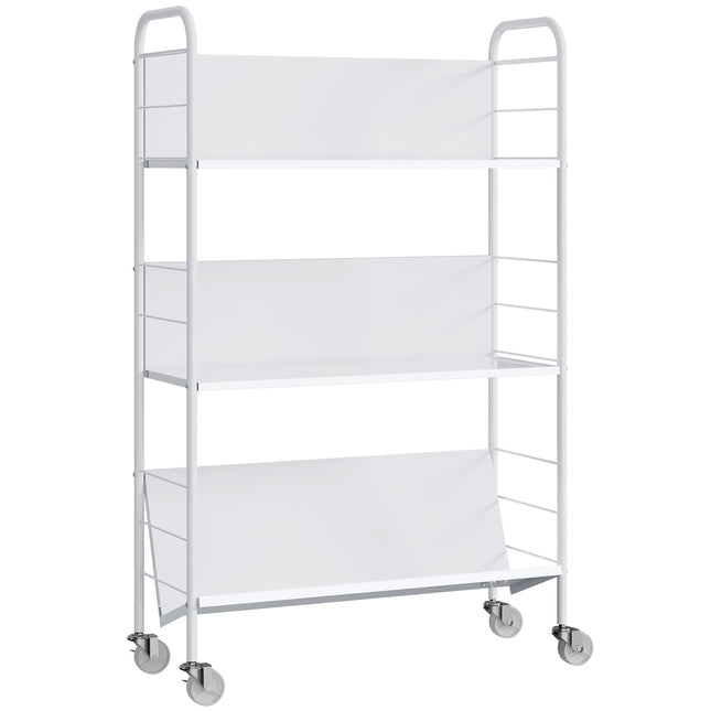 Verrijdbare metalen boekenplank met 3 niveaus, 69x26x108 cm, wit