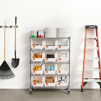 Rolling Bin Storage Rack, 5-Tier, 12 Bins, Wheels