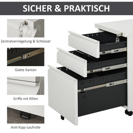 Kancelářská skříňka se 3 zásuvkami, ocel, bílá, pojízdná