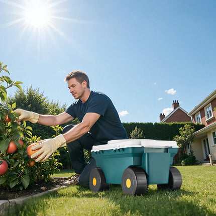 Rolling Garden Cart With Swivel Seat, Storage Bin, 123kg