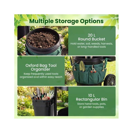 Rolling Garden Cart with Wheels, 20 L Bucket, 10 L Bin, Tool Bag, Green
