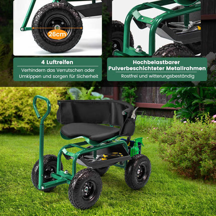 Pojízdné zahradní sedátko s úložným prostorem, nastavitelné, zelené