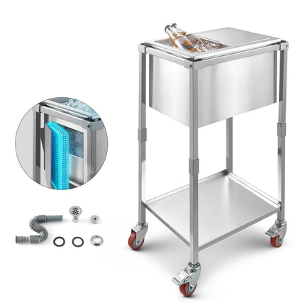 Rolling Ice Chest Cooler Cart, 28L, Stainless Steel, Sliding Lid