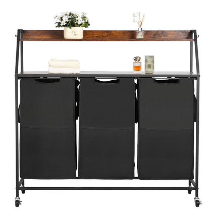 Rolling Laundry Sorter, 3-Bag, 2-Tier with Shelves