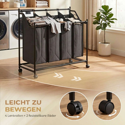 Rolling Laundry Sorter with 4 Removable Bags, Black, 108L