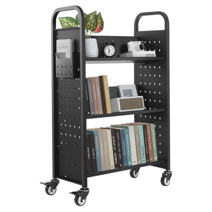 Rolling Library Book Cart, 3-Tier, 150 Kg, Locking Wheels