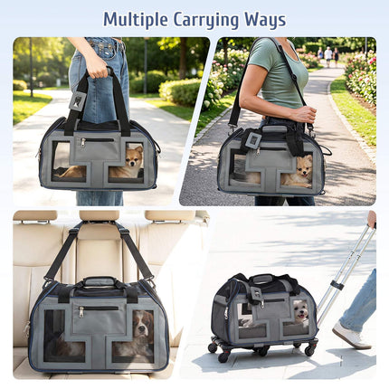 Rolling Pet Carrier with Wheels, Telescopic Handle, Mesh Windows