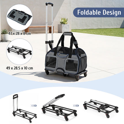 Rolling Pet Carrier with Wheels, Telescopic Handle, Mesh Windows