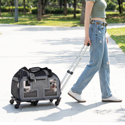 Rolling Pet Carrier with Wheels, Telescopic Handle, Mesh Windows