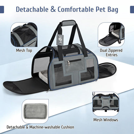 Rolling Pet Carrier with Wheels, Telescopic Handle, Mesh Windows
