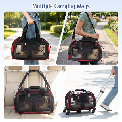 Rolling Pet Carrier with Wheels & Telescopic Handle, Red